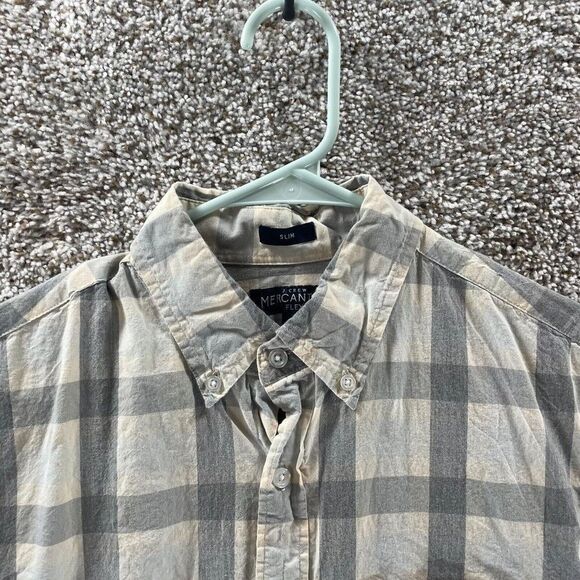 J Crew Shirt Adult Medium Beige Grey Plaid Slim Fit Button Up Mercantile Flex - Picture 2 of 11